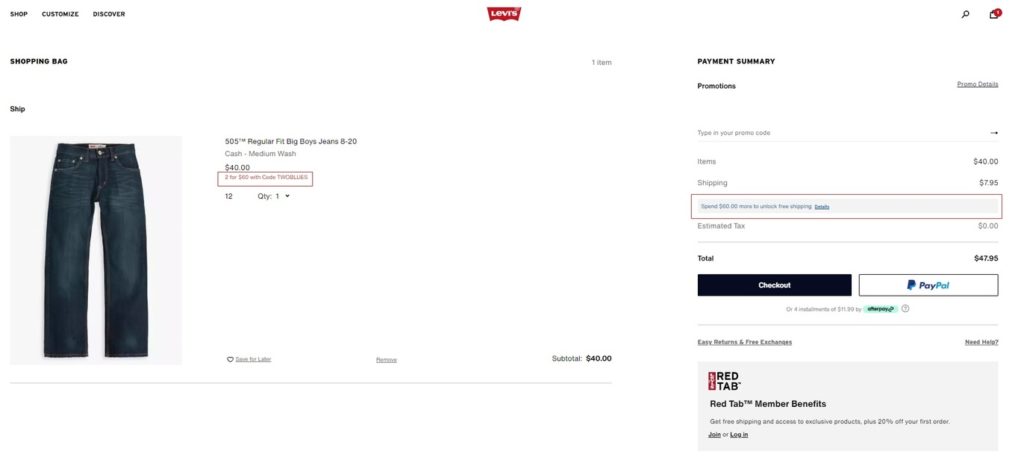 levis roling promo code campaign in checkout
